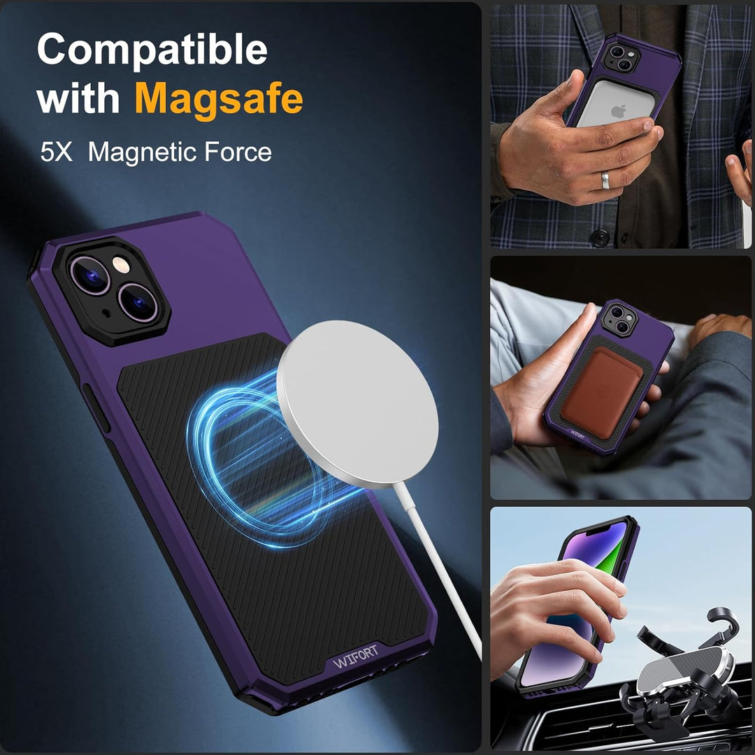 WIFORT Magnetisch Metall Hülle für iPhone 14 Plus Kompatibel mit MagSafe, mit 2 Stück Schutzglas, Mi