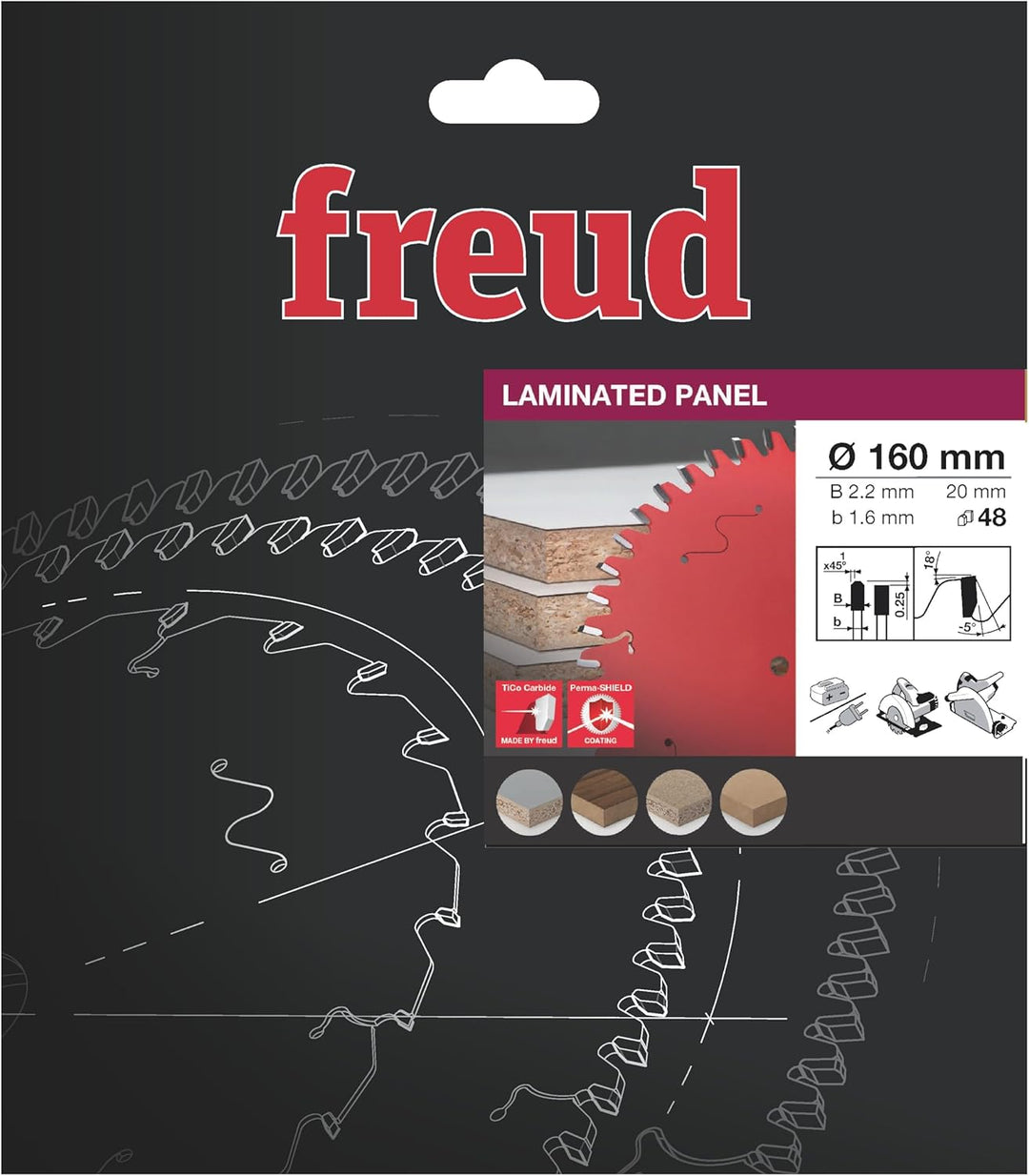 Freud FRE00715 Sägeblatt für Handkreissäge, kabelgebunden/kabellos, FREUD-Ø160 2,2/1,6 A20 Z48 TP-5°