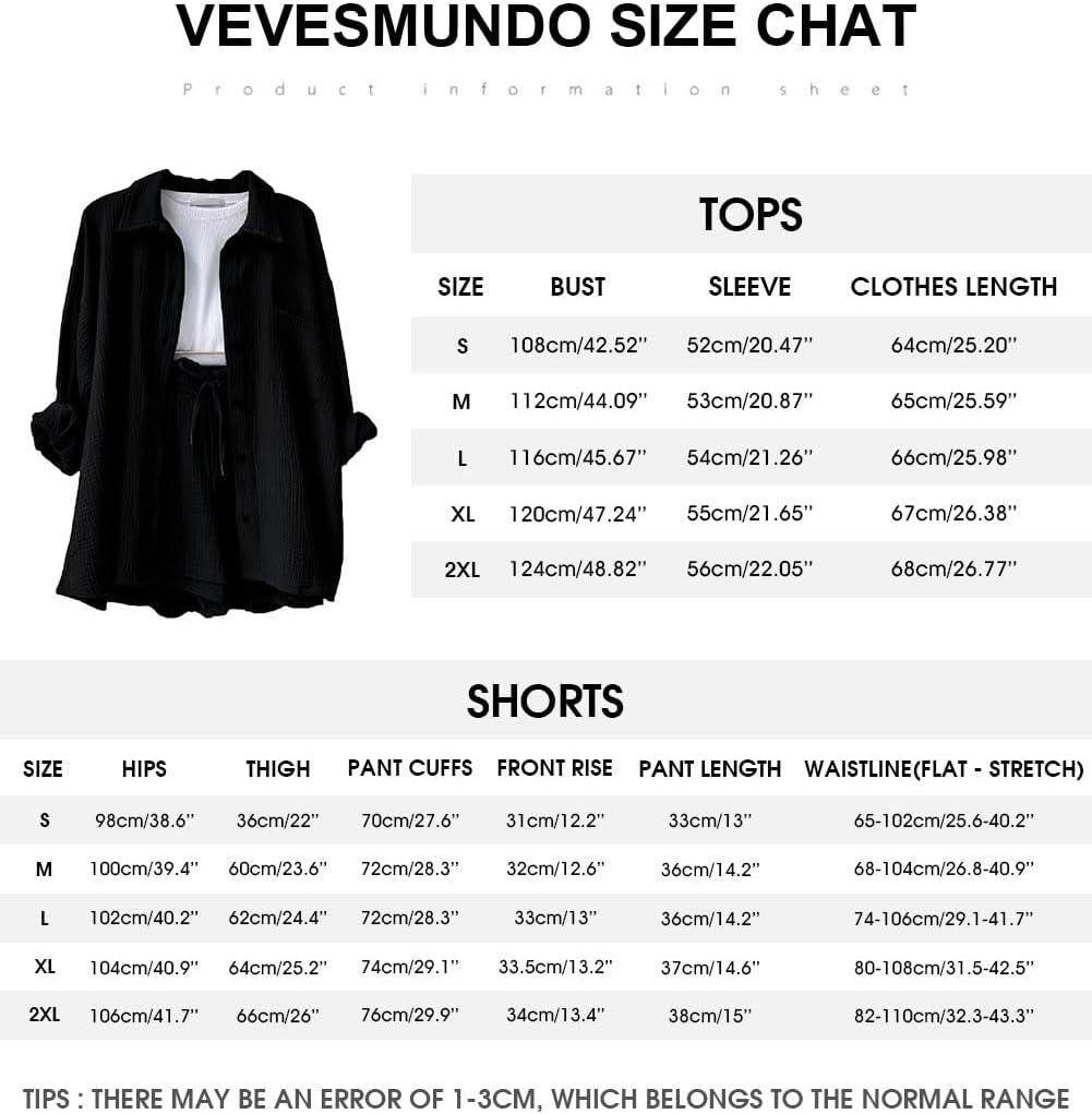 VEVESMUNDO Damen Sommer Musselin Bluse Hemd und Shorts Zweiteiler Set Baumwolle Strand Outfit Set Gr