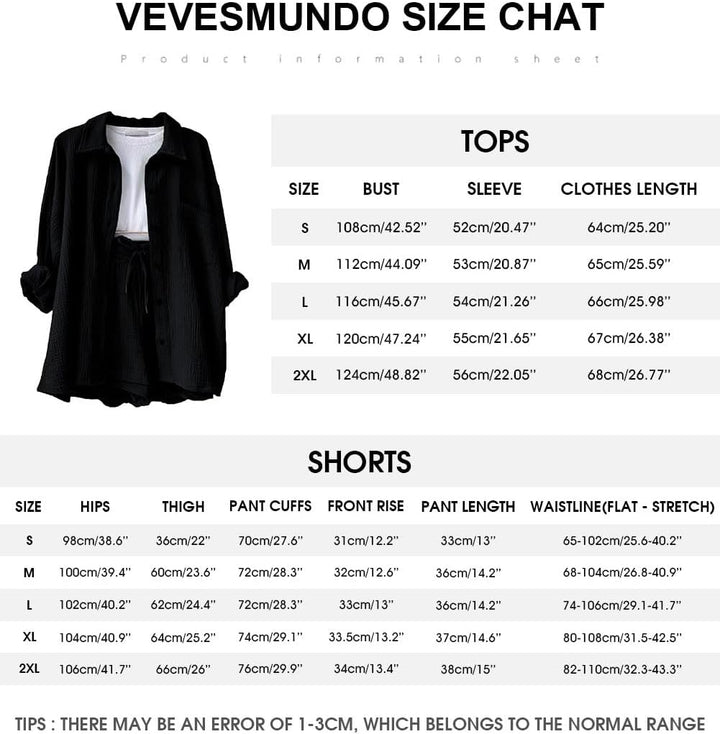 VEVESMUNDO Damen Sommer Musselin Bluse Hemd und Shorts Zweiteiler Set Baumwolle Strand Outfit Set Gr
