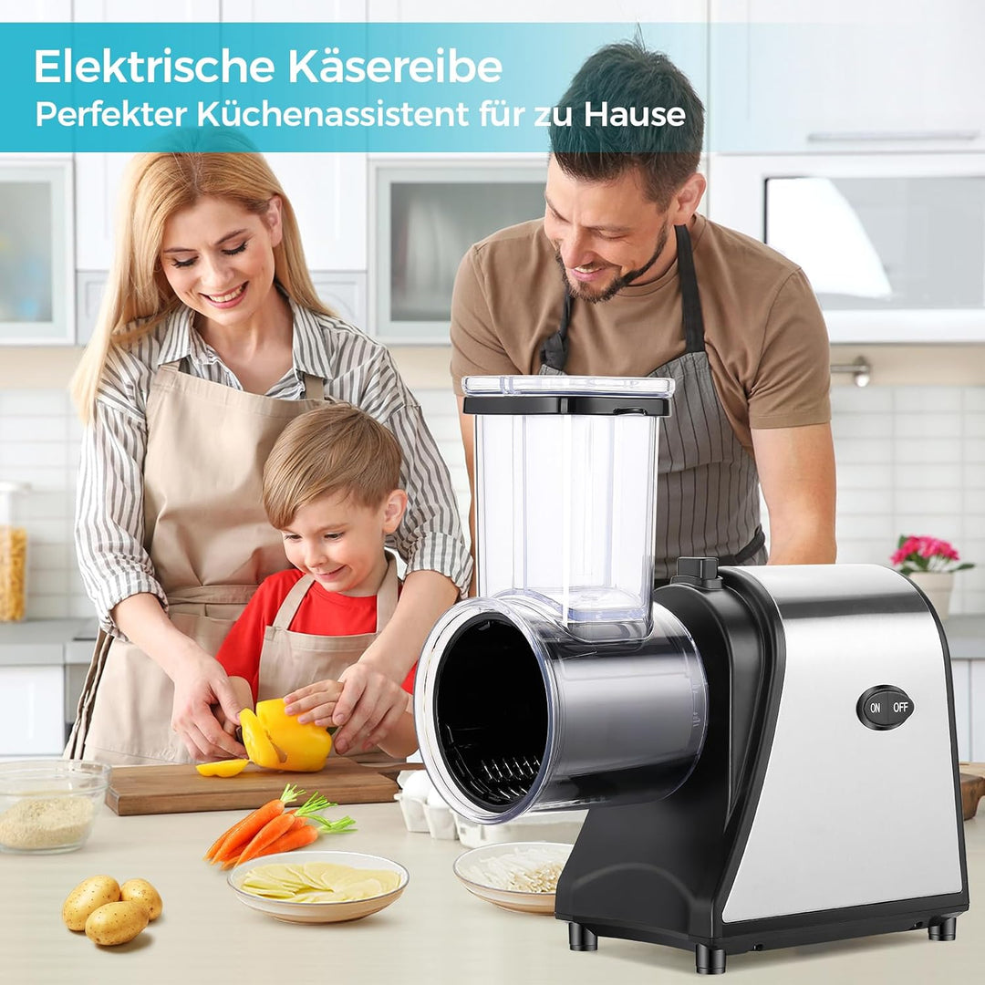Profi Gemüsehobel Elektrisch 250W, 5-in-1 Edelstahl Gemüseschneider Küchenreibe mit 5 Klingen und Gr