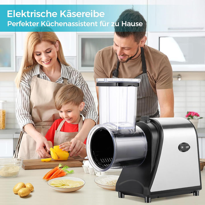 Profi Gemüsehobel Elektrisch 250W, 5-in-1 Edelstahl Gemüseschneider Küchenreibe mit 5 Klingen und Gr