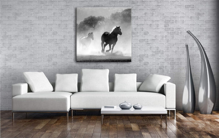 eine Pferdeherde galoppiert durch denn Nebel Format: 60x60 als Leinwandbild, Motiv fertig gerahmt au