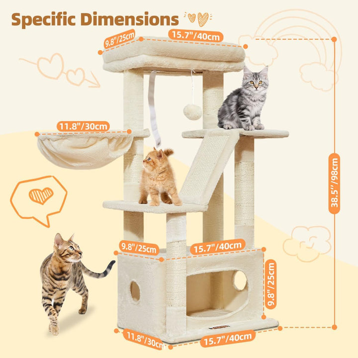 Taoqimiao Kratzbaum Klein, 98cm katzenbaum Stabil KatzenKratzbaum Cat Tree mit Katzenhaus, Korb, 4 K