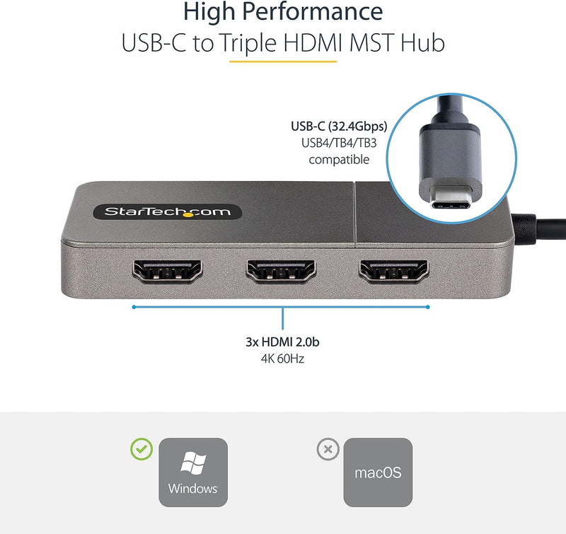 StarTech.com 3-Port USB-C Multi-Monitor Adapter, USB-C auf 3X HDMI MST Hub, Dreifach 4K 60Hz HDMI La