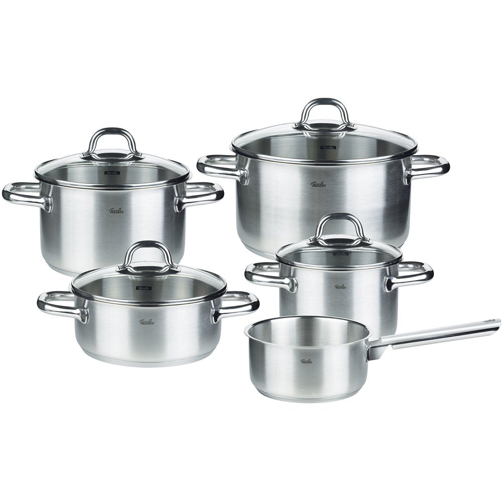 Fissler Korfu/Edelstahl-Topfset, 5-teilig, Kochtopf-Set, Töpfe mit Glas-Deckel (3 Kochtöpfe, 1 Brate
