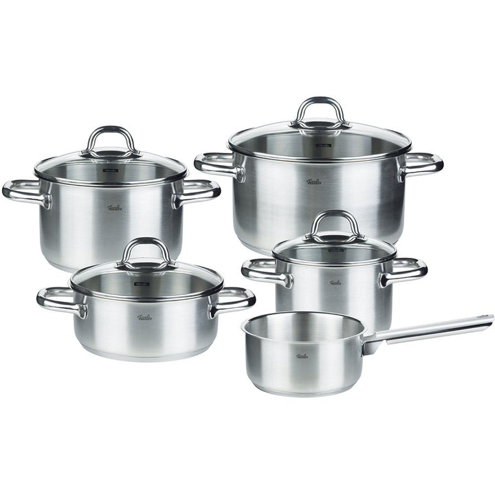 Fissler Korfu/Edelstahl-Topfset, 5-teilig, Kochtopf-Set, Töpfe mit Glas-Deckel (3 Kochtöpfe, 1 Brate