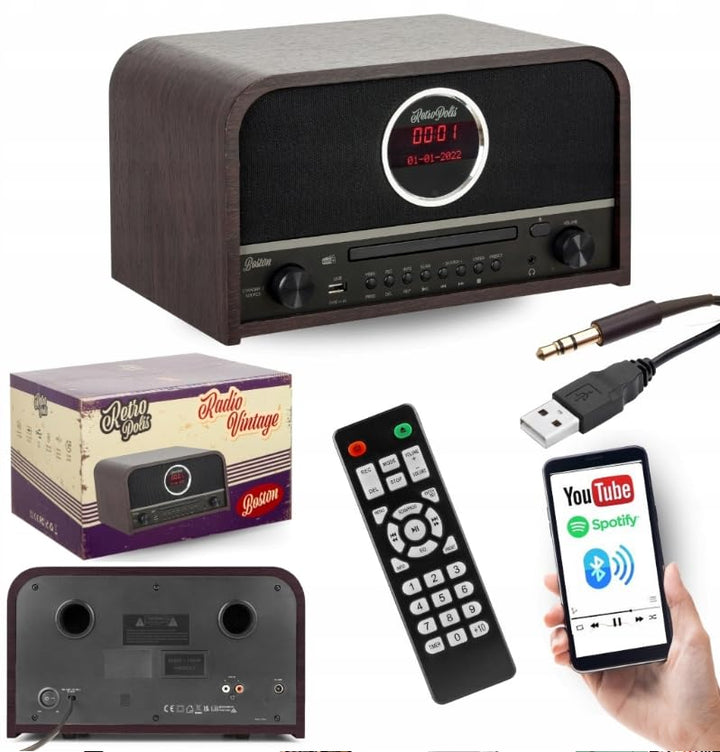 Retropolis Boston Wohnzimmer-Radio – Netzwerk DAB+ DIGITAL AM/FM USB-A Bluetooth CD LED – Vintage De