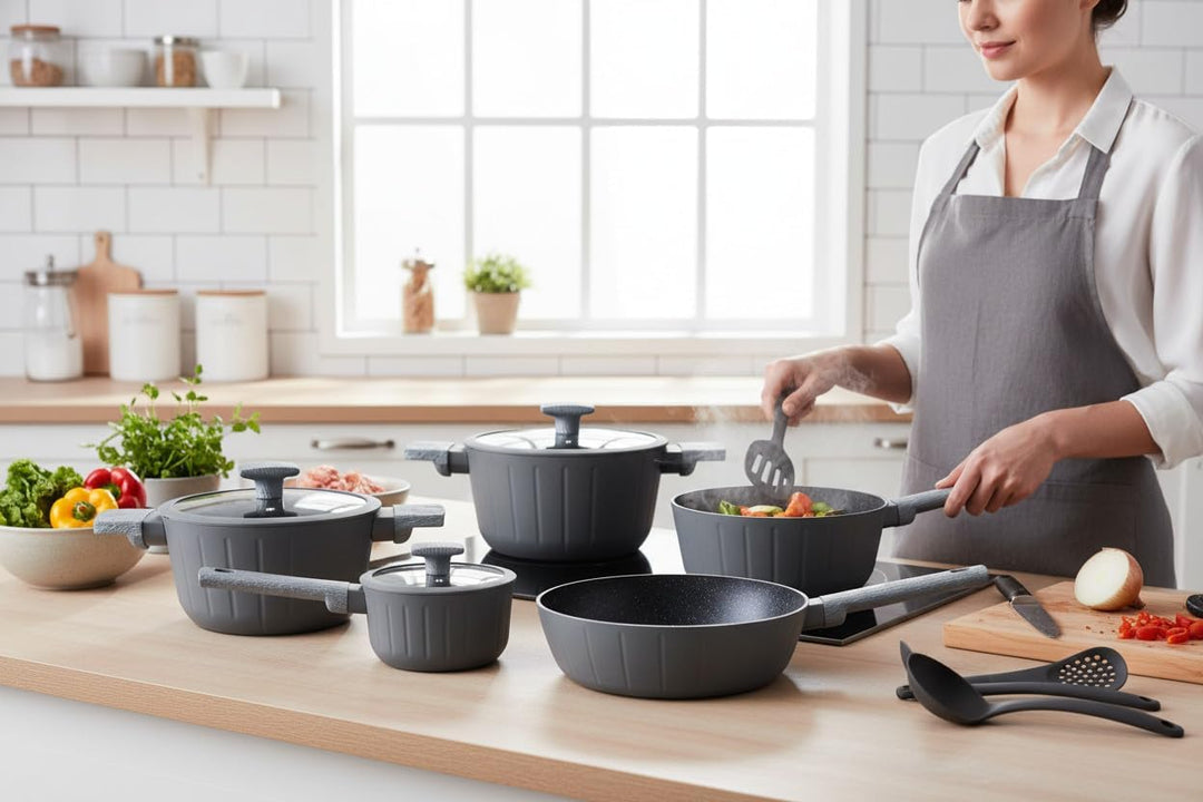 Töpfe und Pfannen Set - Topfset 15-teilig - Marmorbeschichtung - für alle Herdarten inklusive Indukt