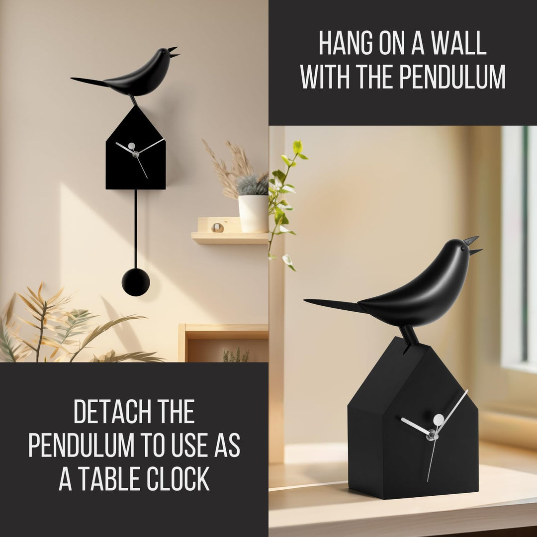 Torre & Tagus 901658 Motion Vogelhaus Uhr mit abnehmbarem Pendel, schwarz, Schwarz