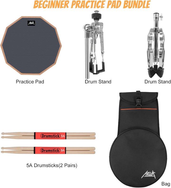 Drum Practice Pad Set AKLOT 12" Kieselgel Übungspad mit Snare Ständer Rucksack Drumsticks für erwach