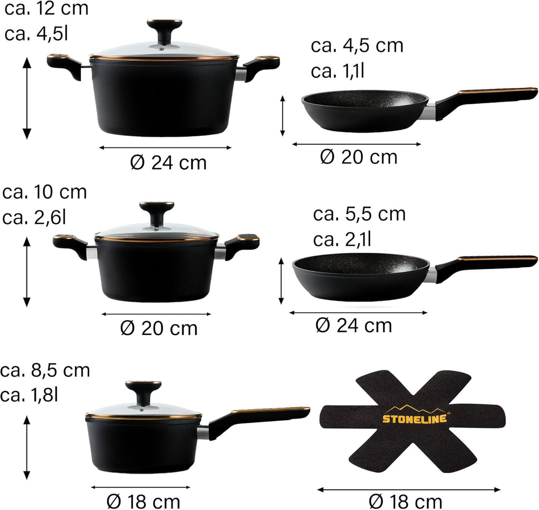STONELINE Kochgeschirr Set 11-teilig 18/20/24 cm Set Pfannen und Töpfe mit Deckel, Topfset Pfanne In