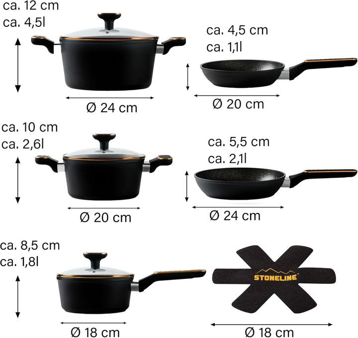 STONELINE Kochgeschirr Set 11-teilig 18/20/24 cm Set Pfannen und Töpfe mit Deckel, Topfset Pfanne In