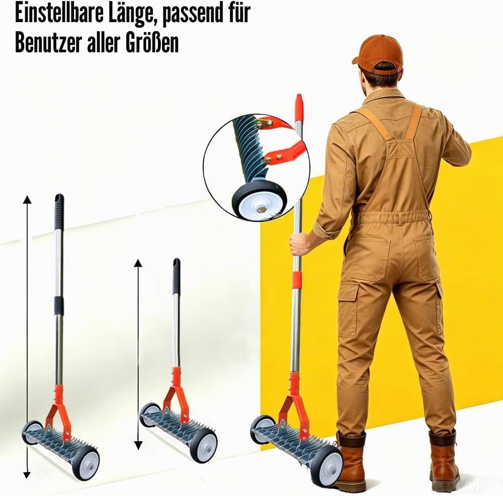 Handvertikutierer mit Rollen, Schneidrechen mit Stiel 165cm, Vertikutierer Rechen Hand mit Gartenabf