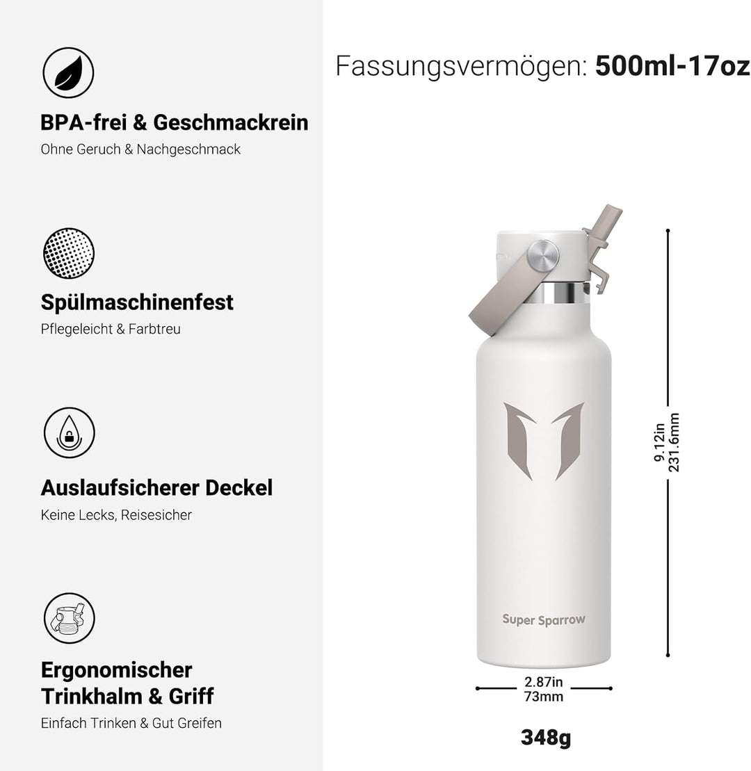 Super Sparrow Trinkflasche Edelstahl - Thermobecher - 350ml, 500ml, 750ml, 1L, 1.2L - FlipFlow Trink