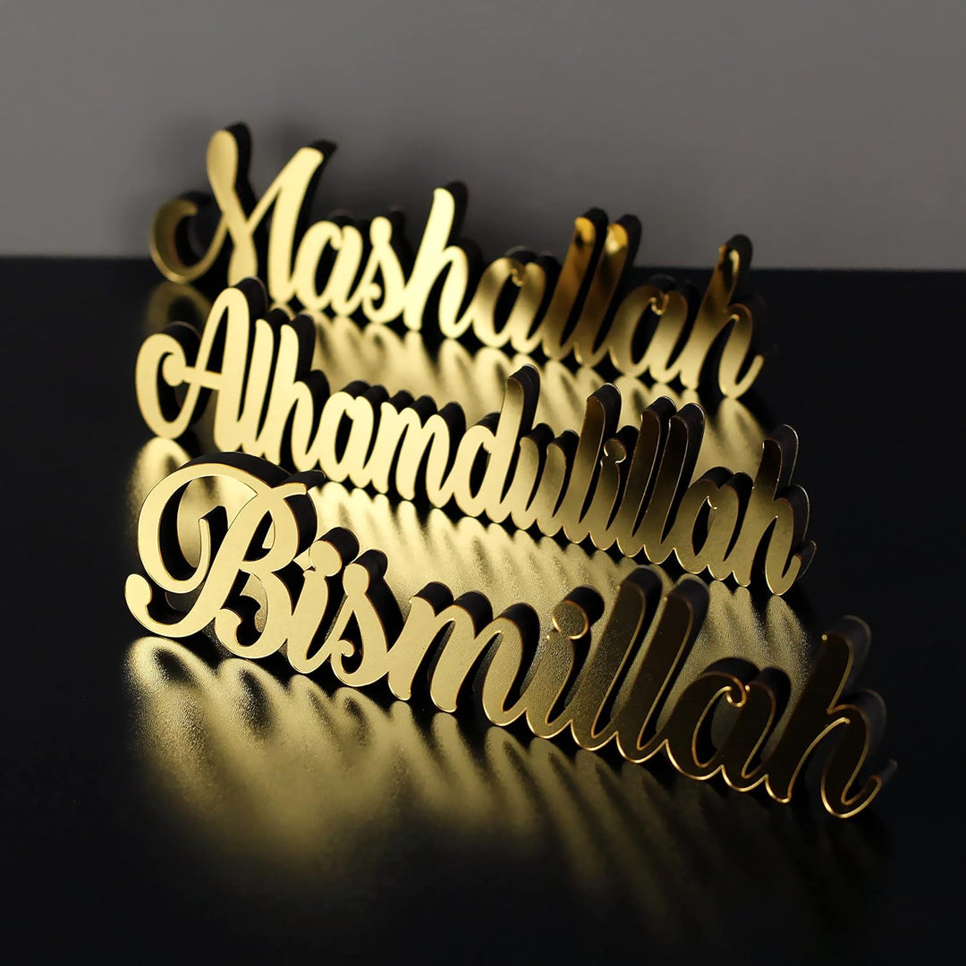 Bismillah Alhamdulilla Mashallah freistehende Holzdekor mit glänzendem Acryl-Finish (3 Stück, Gold)