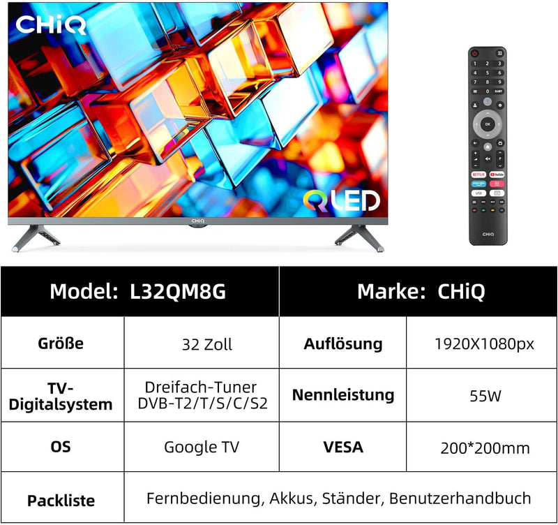 CHIQ Fernseher L32QM8G 32 Zoll QLED TV, FHD, HDR, Rahmenloses Metall-Design, Google TV, Chromecast,