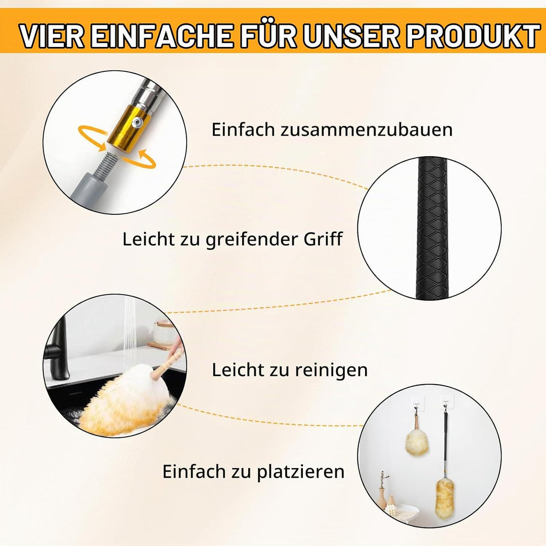 Lammwolle Staubwedel Set Mit Teleskopstange Bis 185cm, Waschbar – 2 Wedel (Gross &amp; Klein) + Haken Fü