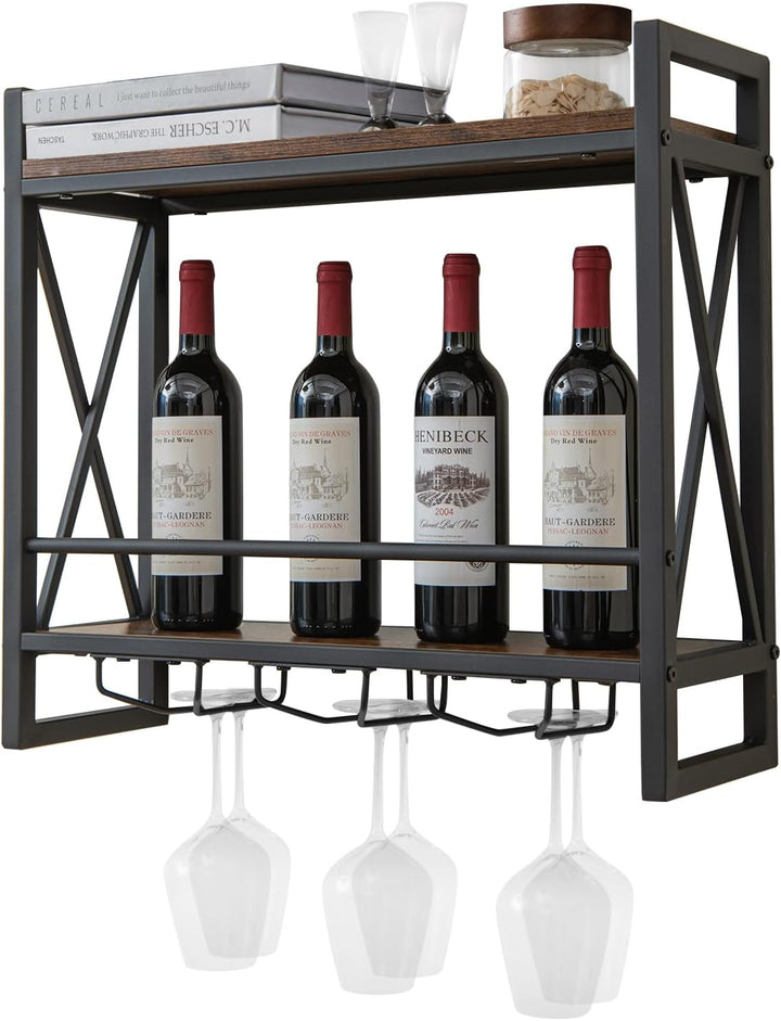 COSTWAY 2 Ebenen Weinregal Wand, Flaschenregal Holz mit Metallrahmen, mit 3 Reihen Weingläserhalter,