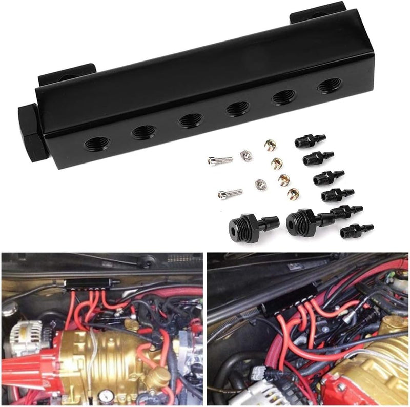 Qiilu Vakuumblock-Einlass, 6-Port-Vakuumblock-Ansaugkrümmer-Kit Kraftstoff-Wastegate-Turbo-Boost 1/8