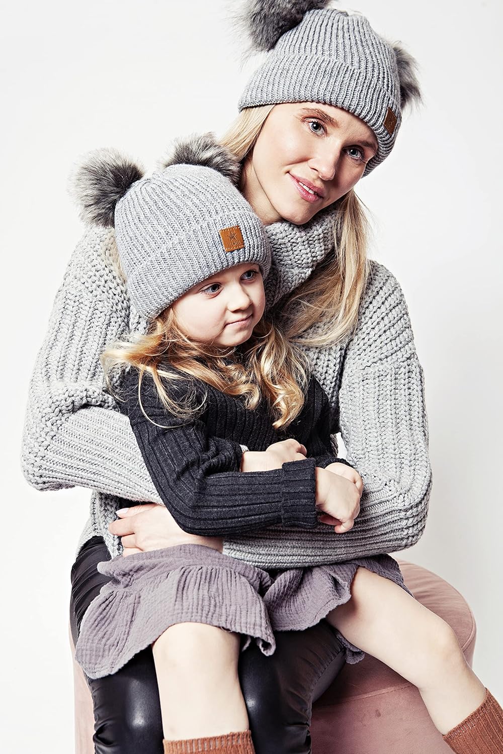 ELIMELI Eltern-Kind Mütze Mädchen Warme Wintermütze für Mutter und Tochter Mütze Damen Winter mit Zw