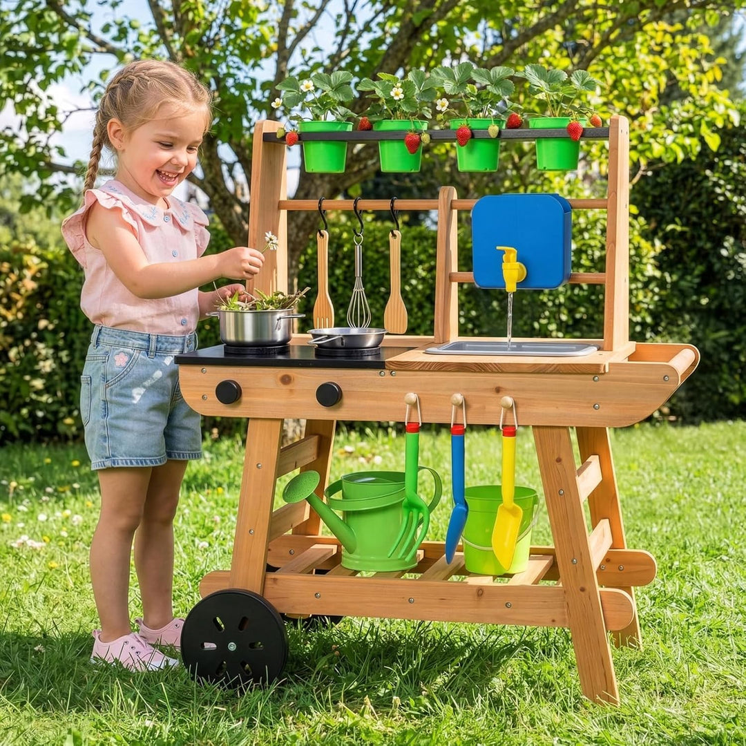 OOOK Matschküche Kinder Outdoor mit Rädern, Outdoorküche Kinder aus Holz, Gartenspielküche Outdoor f