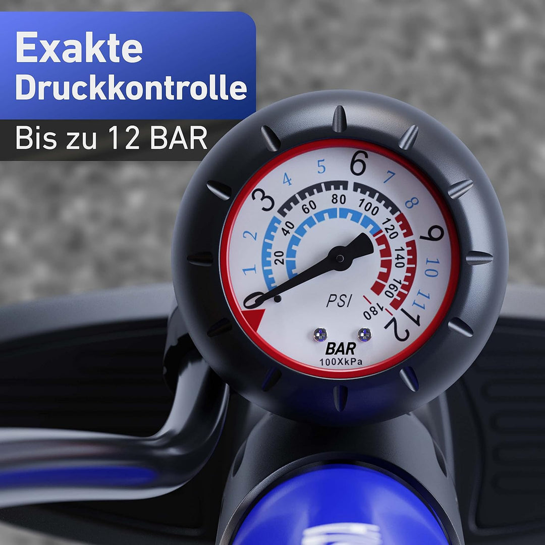 BYKLISTA Fahrradpumpe alle Ventile | Grosses Manometer 12 Bar + extra Ventiladapter | Gratis eBook |