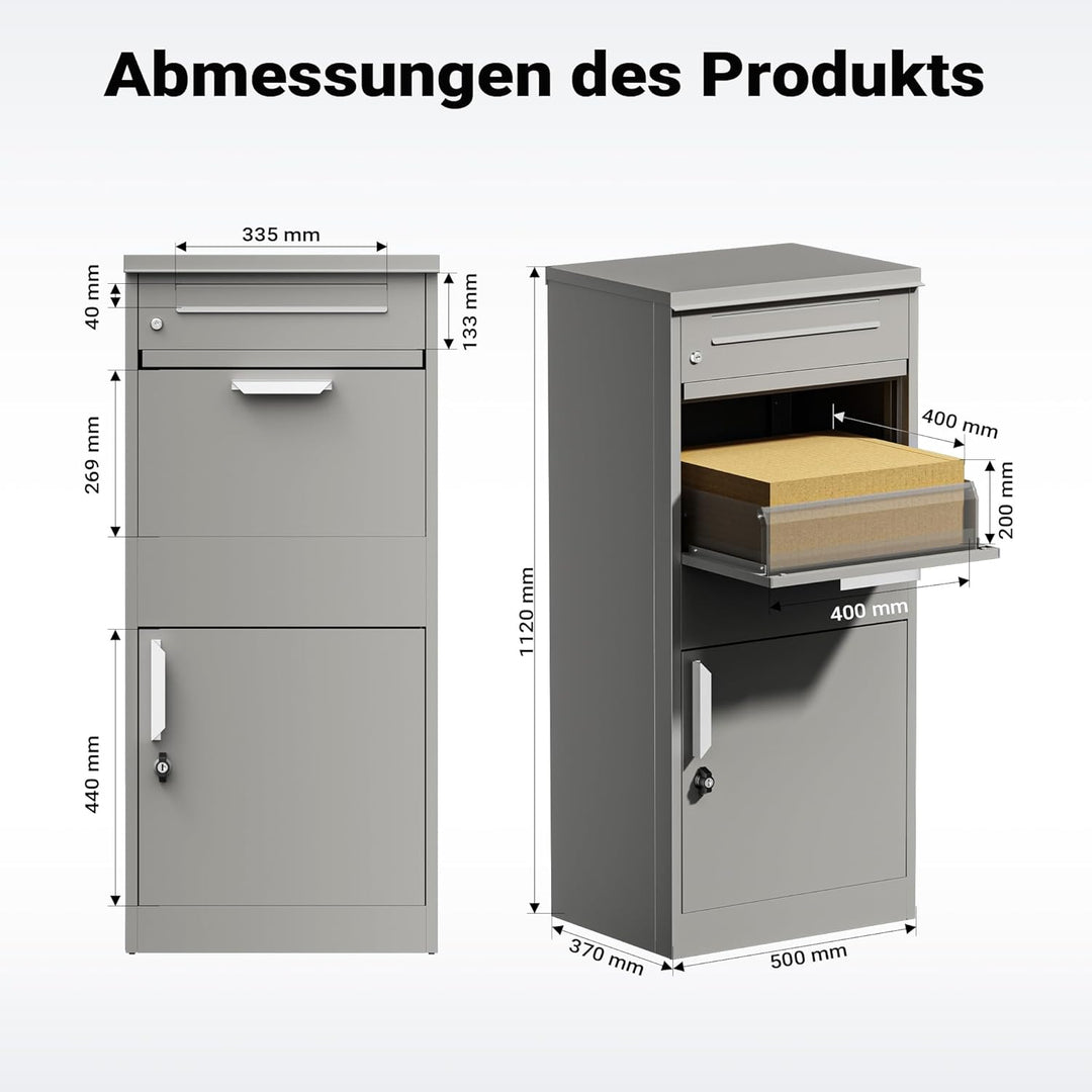 Wiltec Paketkasten grau 500 x 370 x 1120 mm, Paketbox Zuhause, Private Paketannahme passend für Pake