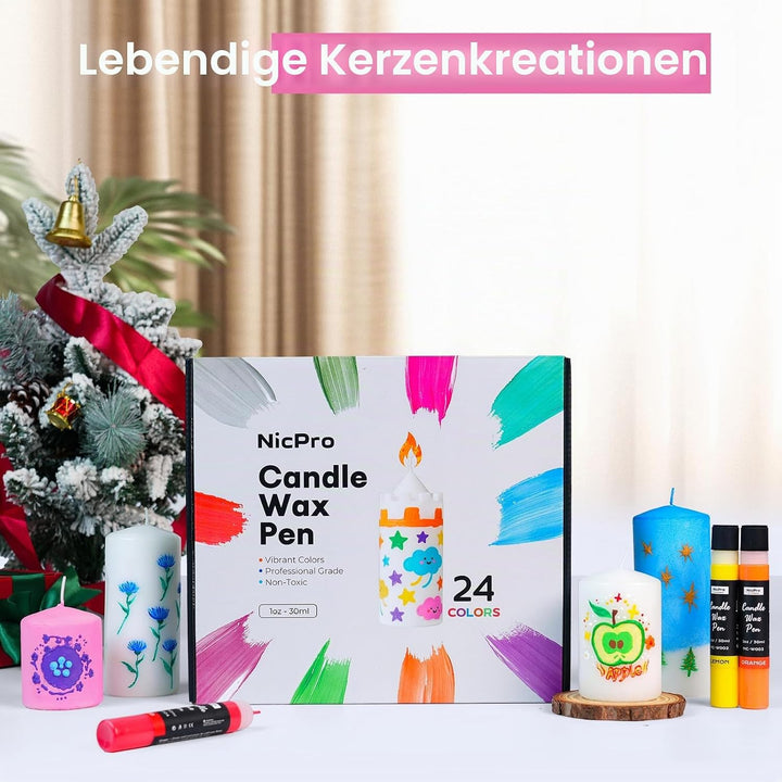Nicpro Kerzenstifte 24 Farben X 30 ml, Wachsstifte für Kerzen, 3D Kerzenwachs Stift Inklusive Glitze