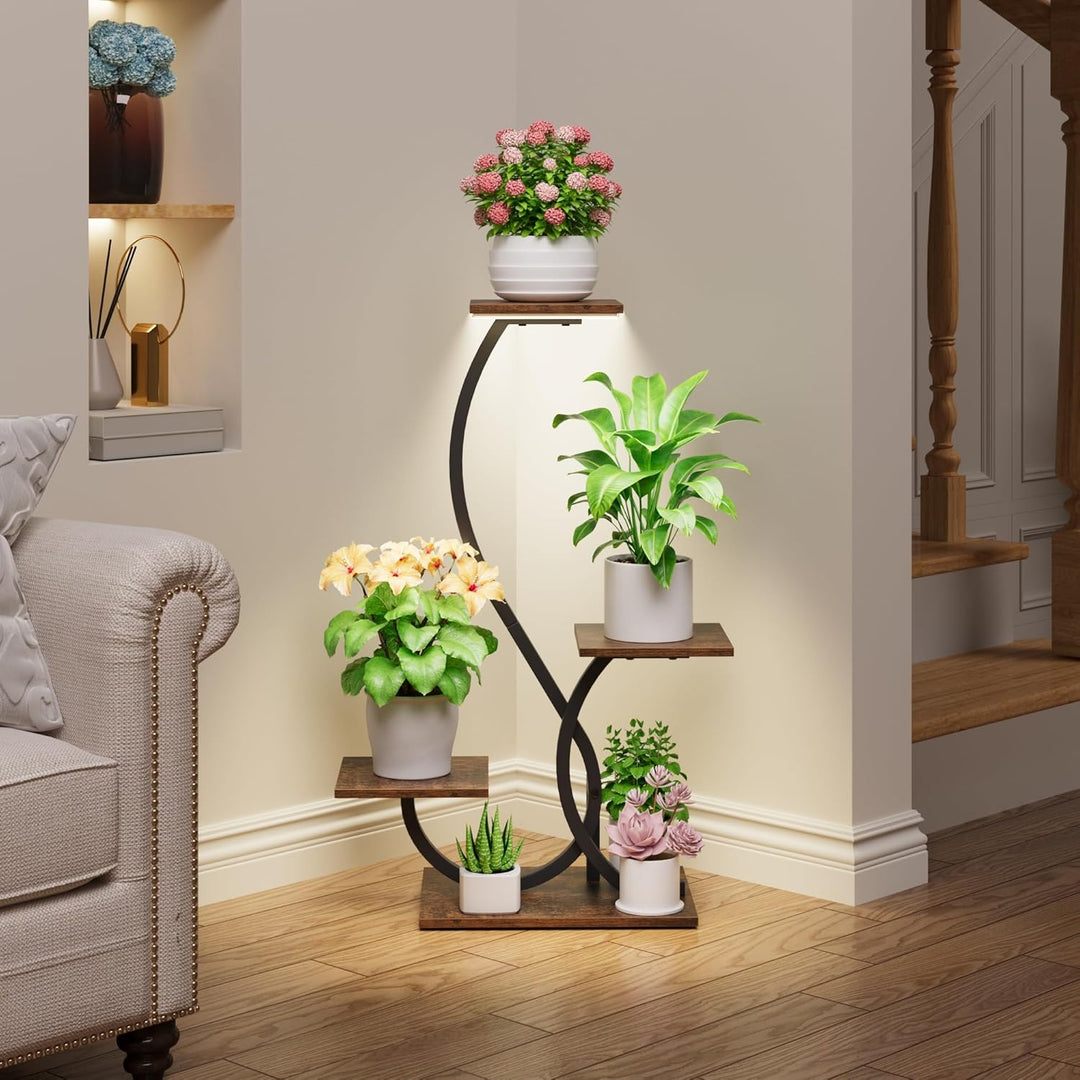 Pflanzenständer mit Wachstumslicht - 4 Ebenen Blumenständer 81cm Metall Holz Pflanzenregal - Innen &
