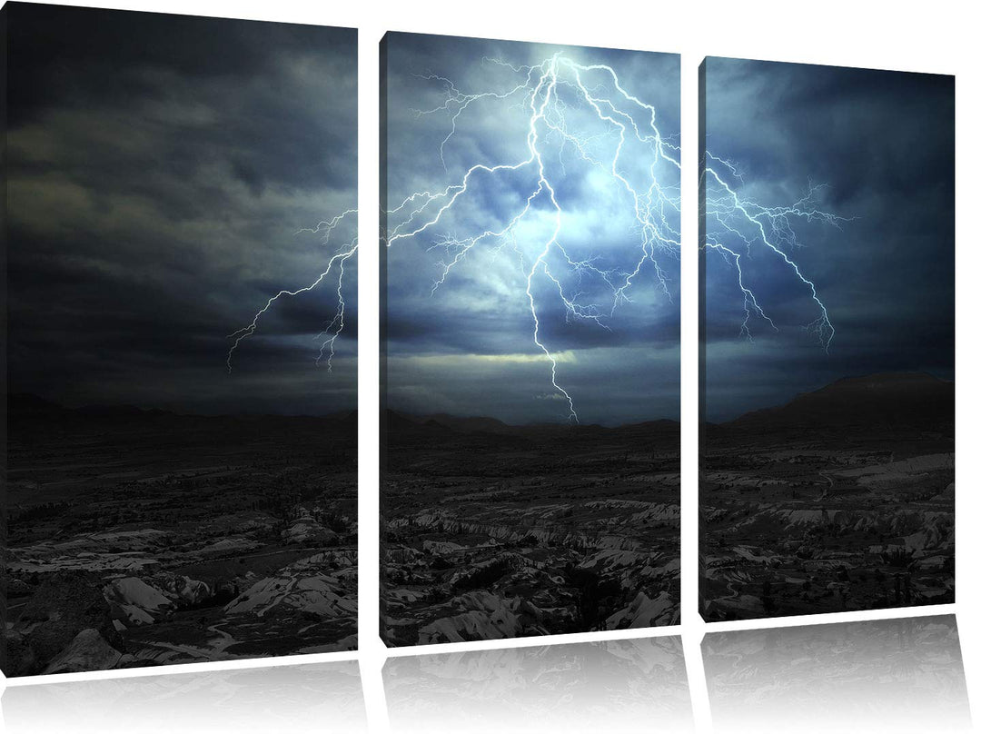 Pixxprint Blitz an Himmel als Leinwandbild | Grösse: 3 Teilig (120x80) | Wandbild| Kunstdruck | fert