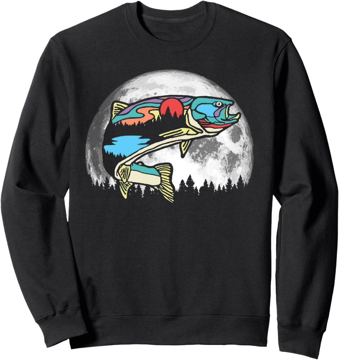 Nature Trout Illustration Vintage Fly Fishing Retro Graphic Sweatshirt
