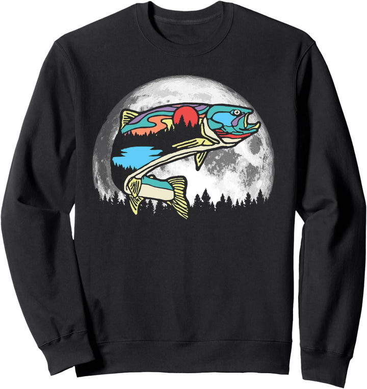Nature Trout Illustration Vintage Fly Fishing Retro Graphic Sweatshirt