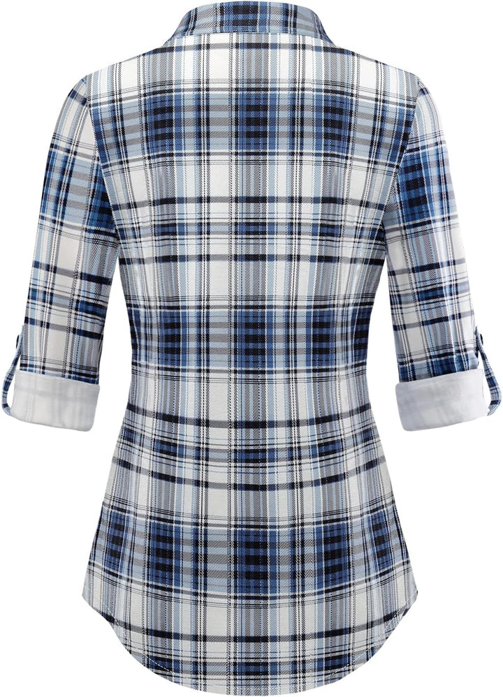 DJT Damen Weiches Gestrick Karierte Bluse Langarm 3/4 Roll Up Ärmel Hemdbluse Button-down Blusen Top