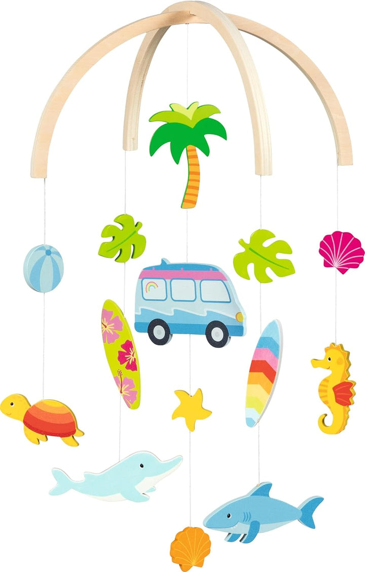 goki 52865 - Mobile Surfer Van aus Holz, beruhigendes Holz-Mobile mit niedlichen Figuren, Thema Meer