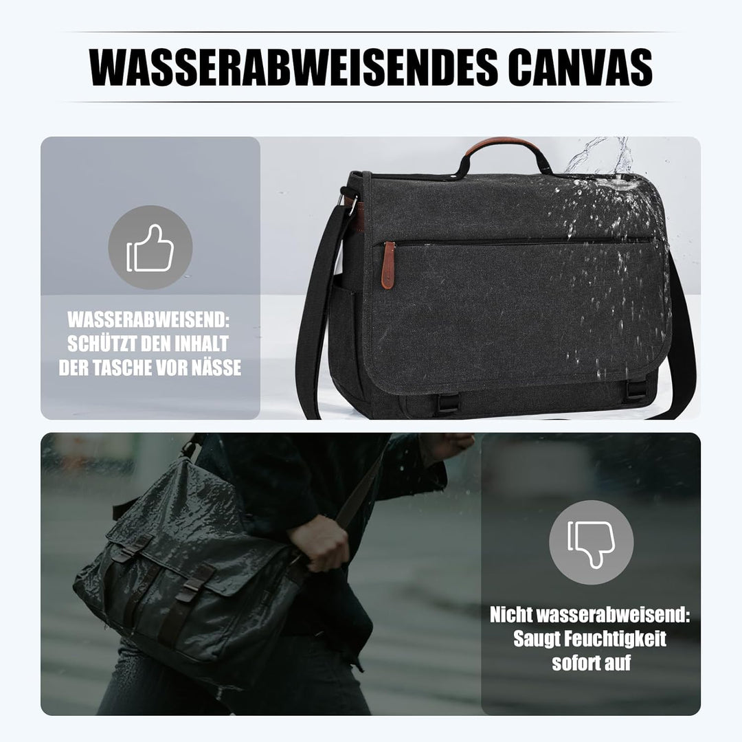 Eshow Umhängetasche Herren Wasserabweisend, Laptoptasche 15,6 Zoll aus Echtleder und Canvas, Messeng