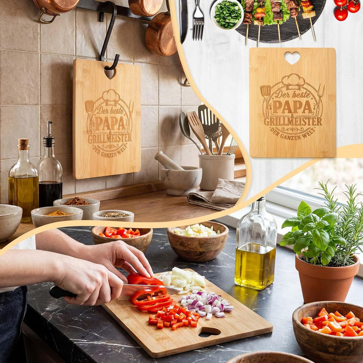 Papa Geschenk 5 Stück Grillset inklusive Graviertes Bambus Schneidebrett und Grillbesteck Set mit Au