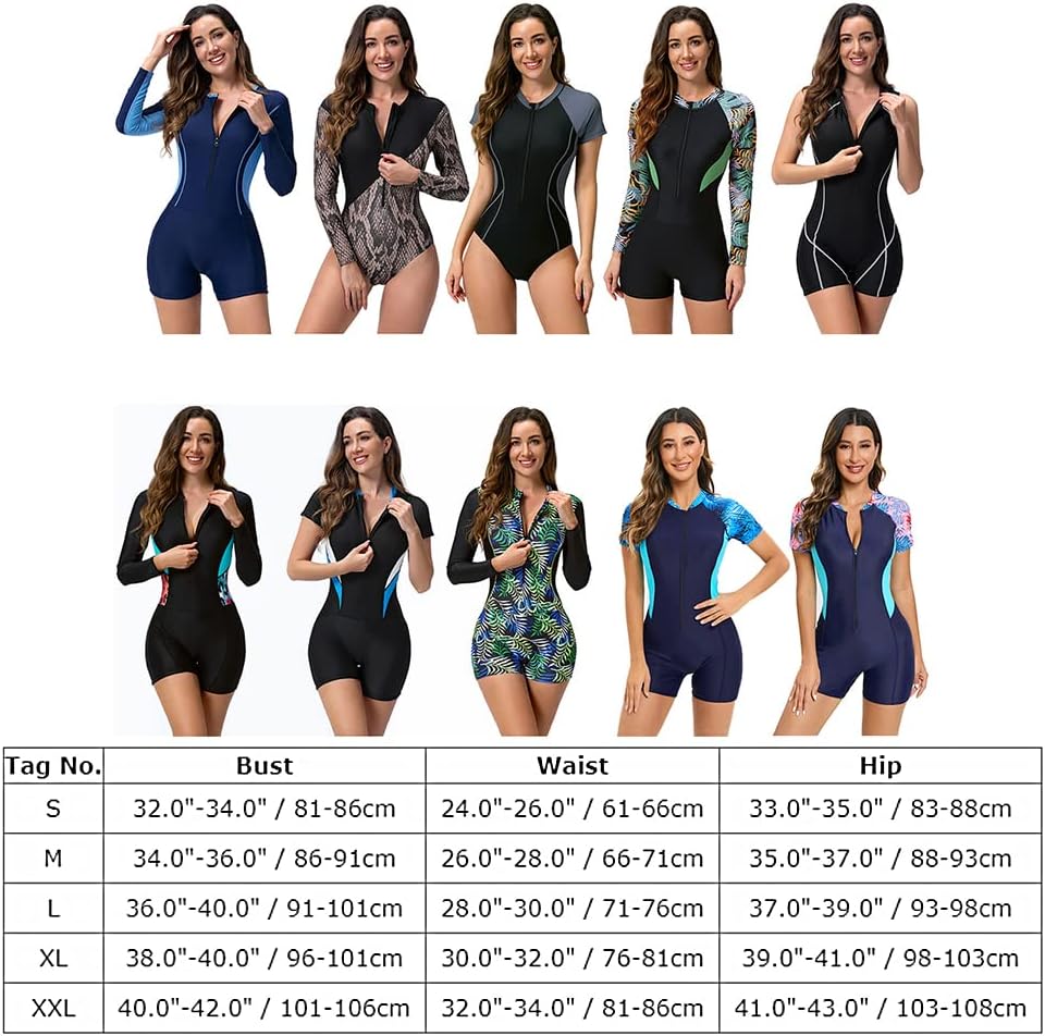 Odizli Badeanzug mit Bein Schwimmanzug Damen Langarm/Kurzarm Blumen Druck Zip Up Surfer Kurz Bademod