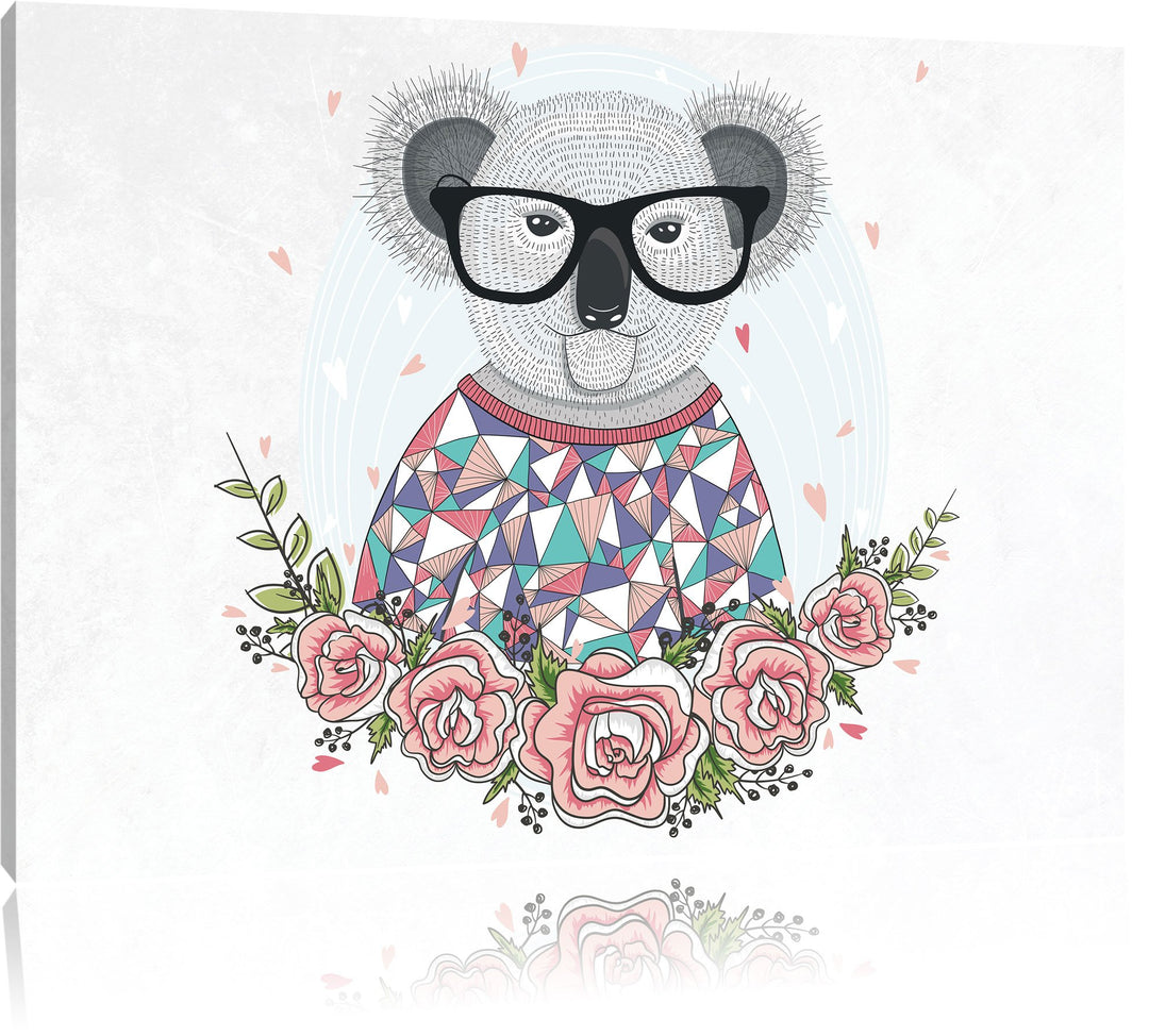 Pixxprint Hipster Koala mit Rosen als Leinwandbild/Grösse: 100x70 cm/Wandbild/Kunstdruck/fertig besp