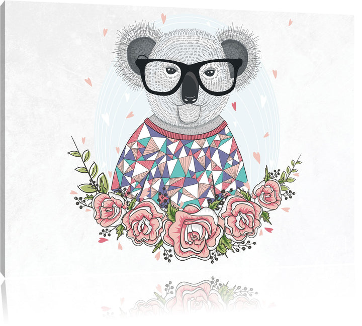 Pixxprint Hipster Koala mit Rosen als Leinwandbild/Grösse: 100x70 cm/Wandbild/Kunstdruck/fertig besp