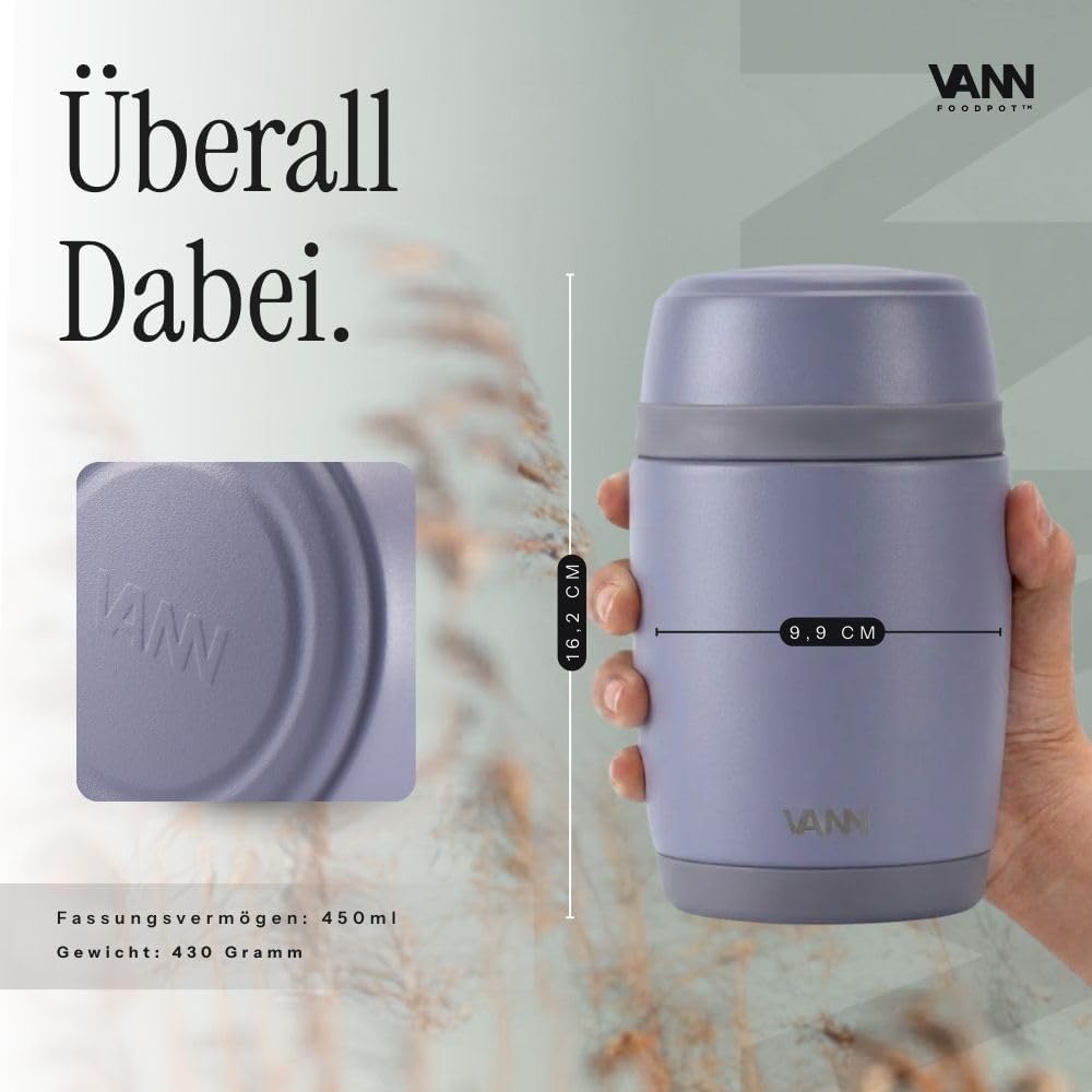 VANN Thermobecher für Essen 450 ml – Thermobehälter [16h kalt, 9h warm] – Recycelte Edelstahl Thermo