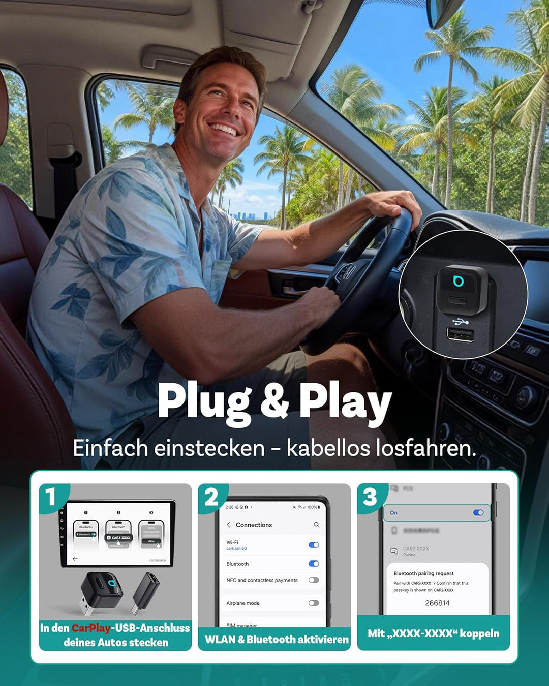 Ottocast Mini Pico, 2026 Neuheit 2-in-1 Wireless CarPlay & Android Auto Adapter mit One-Touch Geräte