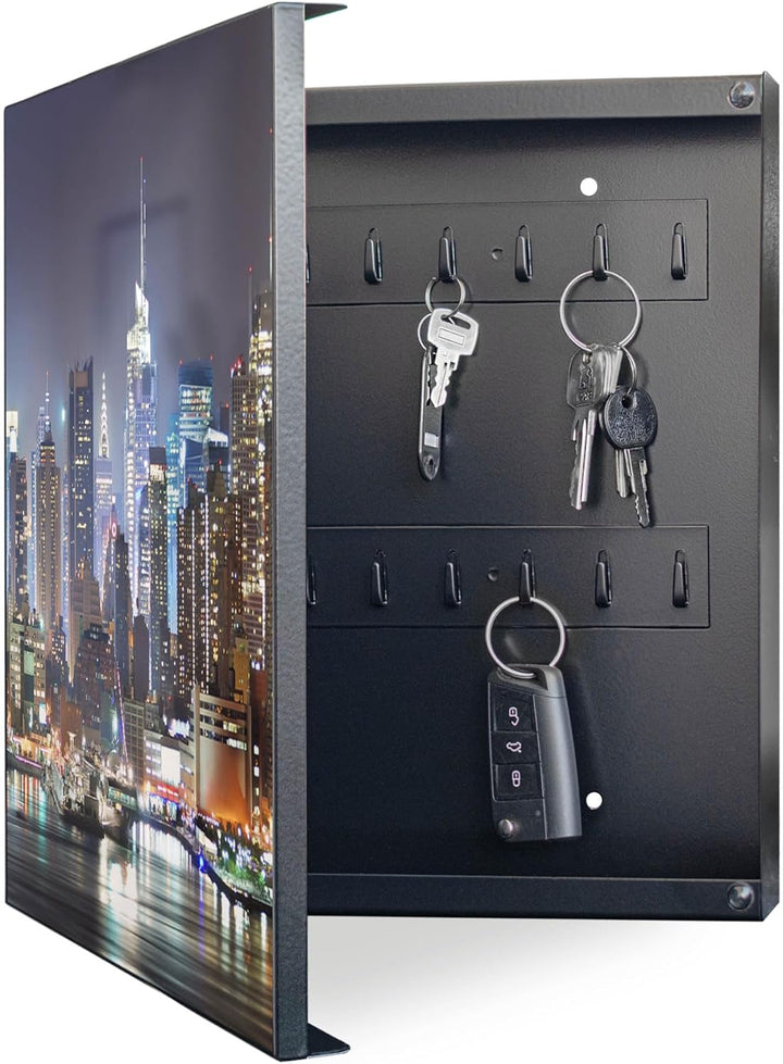 banjado® Grosser Schlüsselkasten Glas/Schlüsselbox 30cm x 30cm mit 50 Haken - Motiv New York/Schlüss