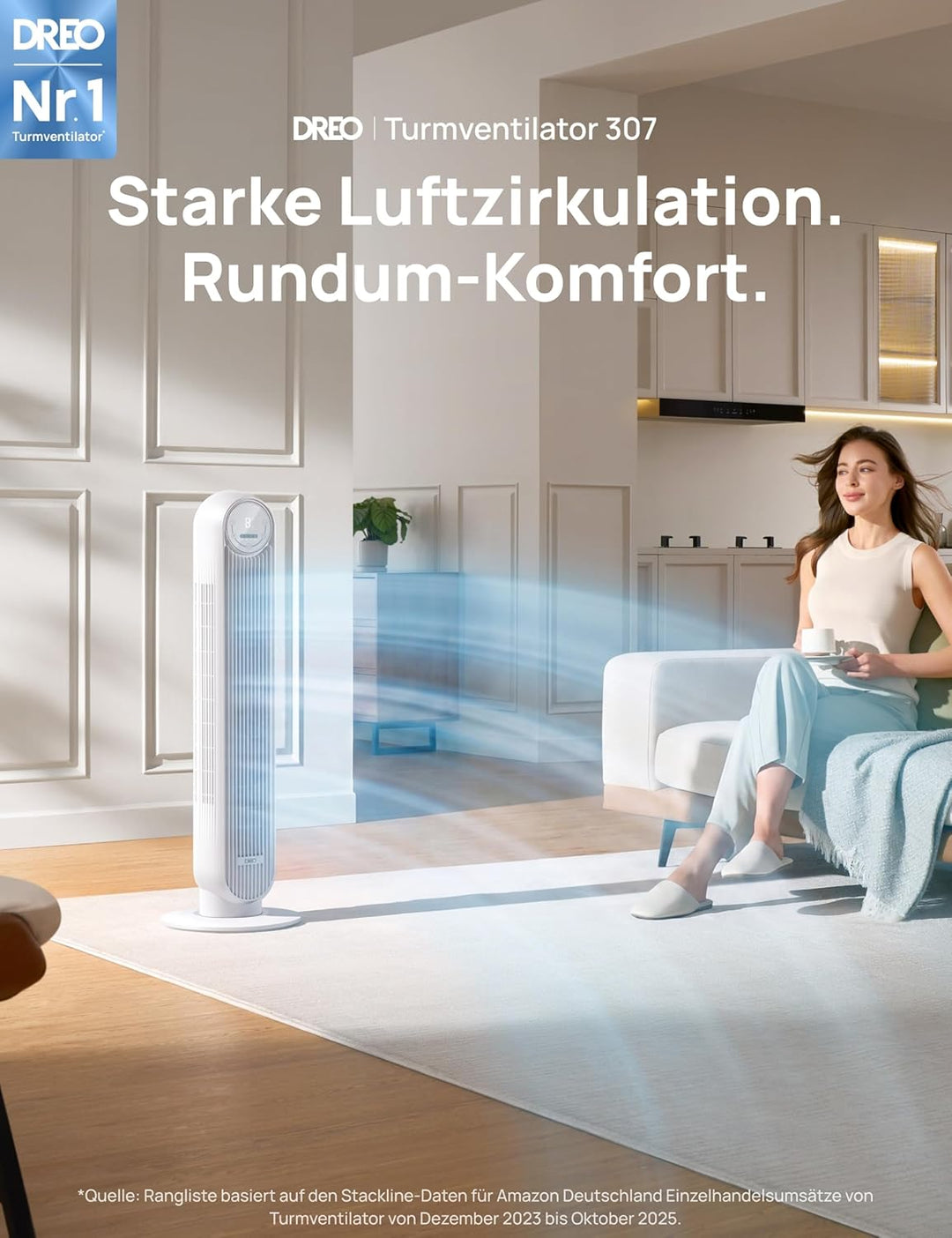 Dreo 28dB Leiser Turmventilator, 7,3m/s Geschwindigkeit 4 Geschwindigstufen 4 Modi 8 Std. Timer 90°