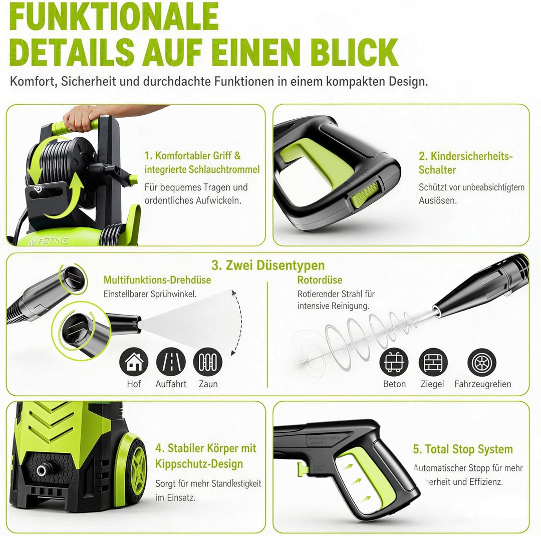 Hochdruckreiniger 200 Bar, Touchscreen 8-stufiger, 6-in-1-Düse, Druck: 100-200bar, Fördermenge: 280-