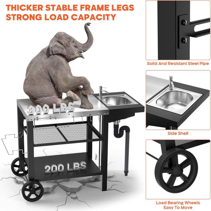GFTIME Grillwagen 107x63x81cm, Grilltish mit Spüle für Ninja woodfire, für Pizzaöfen, grillwagen Out