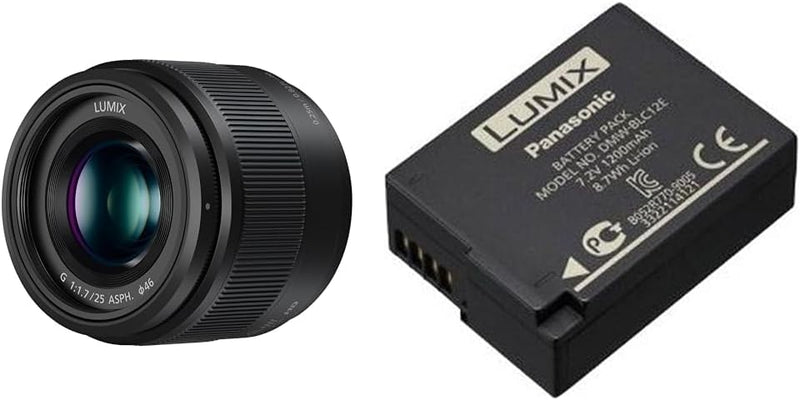 Panasonic Lumix 25 mm F1.7 | H-H025E-K Prime Objektiv, Schwarz & LUMIX DMW-BLC12E Li-Ionen Akku 7,2V