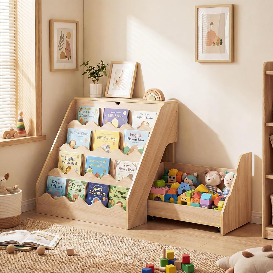 COSTWAY 4 stufiges Kinder Bücherregal, Kinderregal mit aufklappbaren Fach & Schublade auf Rollen, Sp