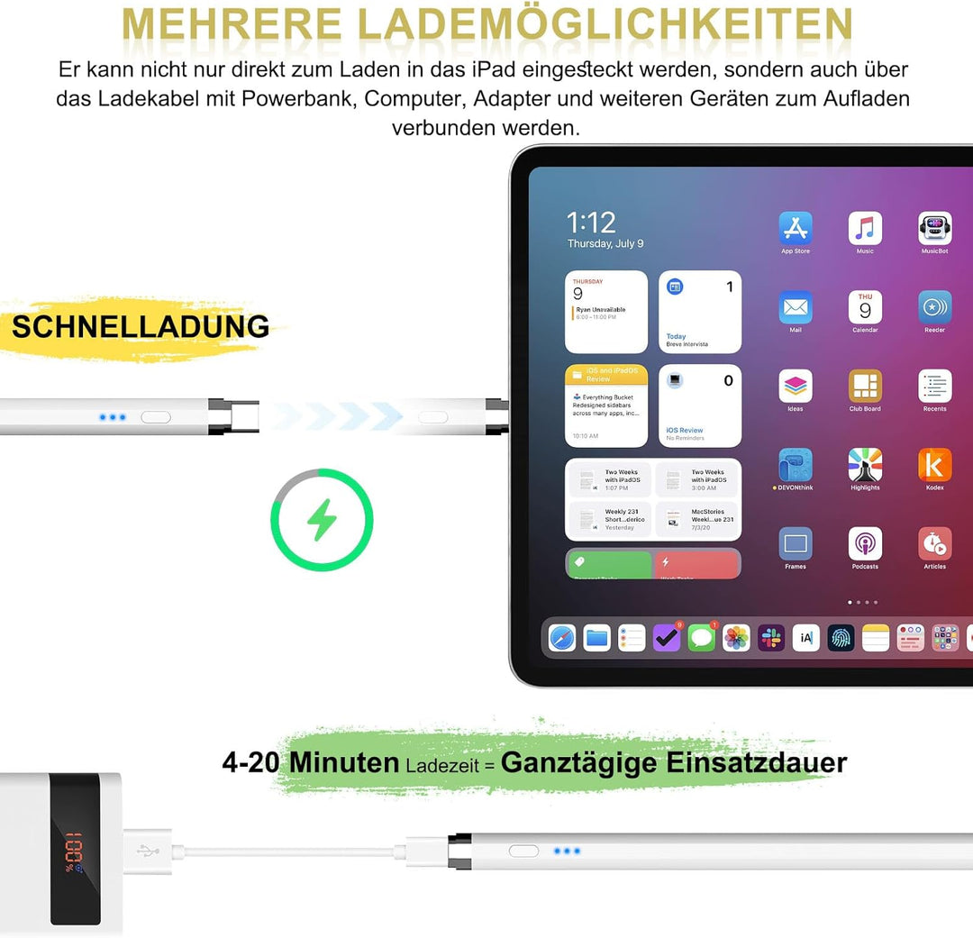 Pencil 1. Generation für iPad, Stift für iPad mit USB-C Schnellladung & Handfläche Ablehnung & Neigu