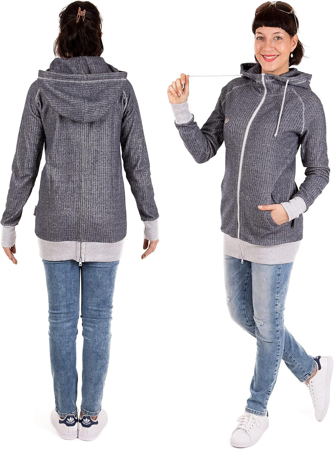 Viva la Mama 3in1 leichte Tragejacke für Mama und Baby, Umstandsjacke - Cleo, XS Anthrazit - Vorn un